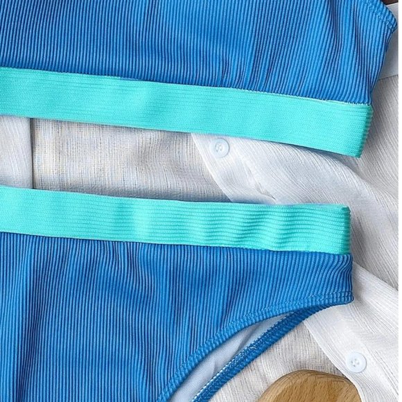 Ribbed Color Block 2pc High Waist Bikini Swimsuit Bathing Suit - Picture 4 of 7
